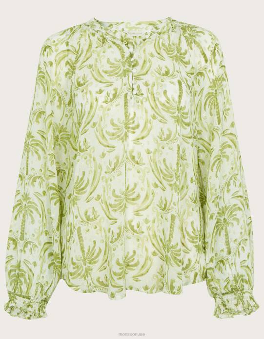 Monsoon نحيف بلوزة بطبعة نخيل معدنية من تصميم أوريانا D68H545 ملابس عاج