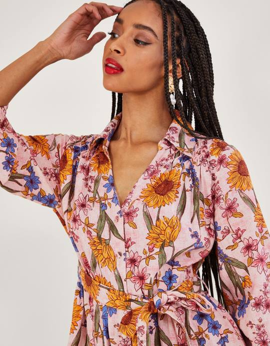 Monsoon نحيف فستان قميص ليلى من مزيج الكتان D68H551 ملابس الوردي (احمر الخدود)