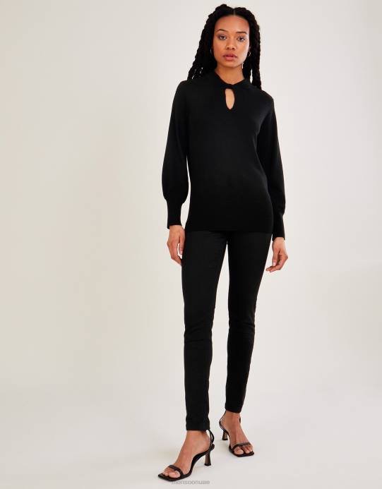 Monsoon نحيف كنزة برقبة ملتوية مع تصميم لينزينج إيكوفيرو D68H554 ملابس أسود