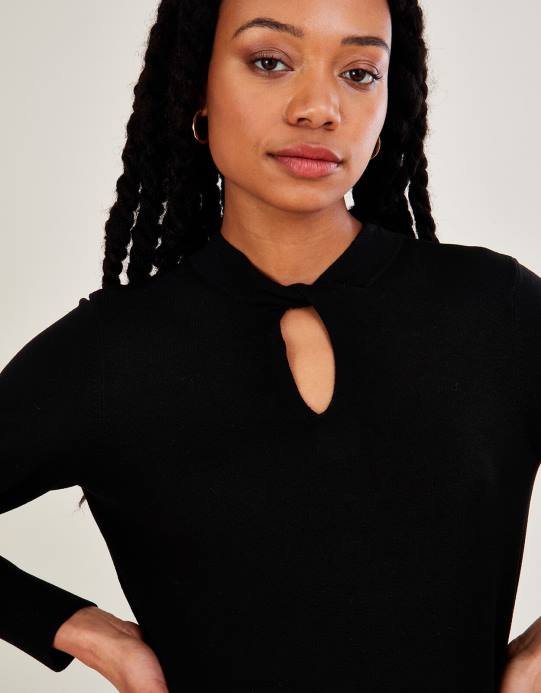 Monsoon نحيف كنزة برقبة ملتوية مع تصميم لينزينج إيكوفيرو D68H554 ملابس أسود