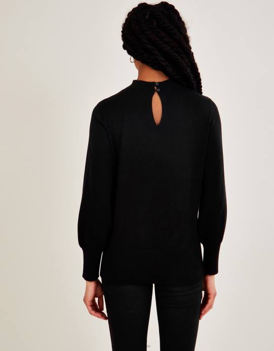 Monsoon نحيف كنزة برقبة ملتوية مع تصميم لينزينج إيكوفيرو D68H554 ملابس أسود