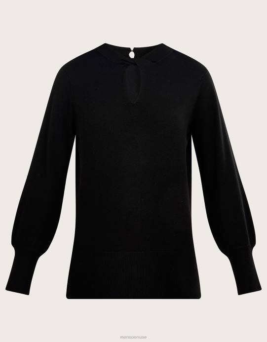 Monsoon نحيف كنزة برقبة ملتوية مع تصميم لينزينج إيكوفيرو D68H554 ملابس أسود