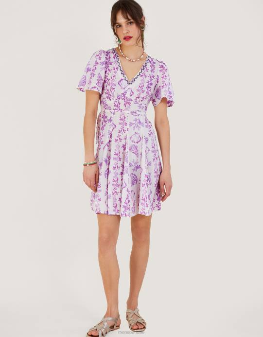 Monsoon نحيف فستان قصير بطبعة صدفة D68H55 ملابس لون القرنفل