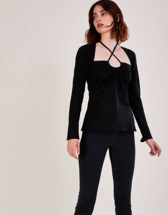 Monsoon نحيف قطعة علوية من الجيرسيه بفتحات D68H561 ملابس أسود