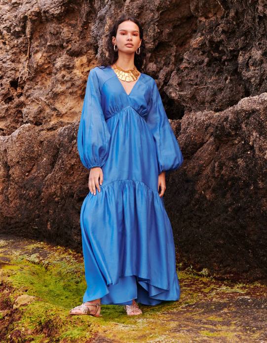 Monsoon نحيف فستان بالمر ماكسي من البوليستر المعاد تدويره D68H564 ملابس أزرق