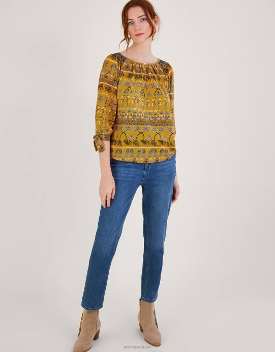 Monsoon نحيف قميص جيرسي سموك بطبعة أوراق شجر على كامل التصميم D68H566 ملابس المغرة الصفراء)