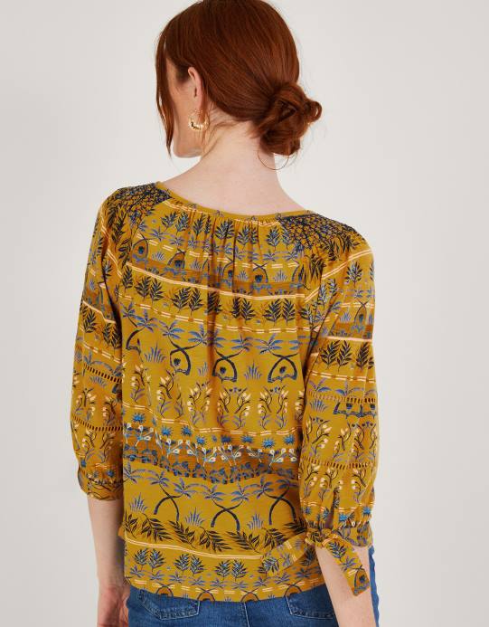 Monsoon نحيف قميص جيرسي سموك بطبعة أوراق شجر على كامل التصميم D68H566 ملابس المغرة الصفراء)