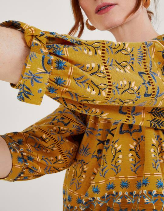 Monsoon نحيف قميص جيرسي سموك بطبعة أوراق شجر على كامل التصميم D68H566 ملابس المغرة الصفراء)