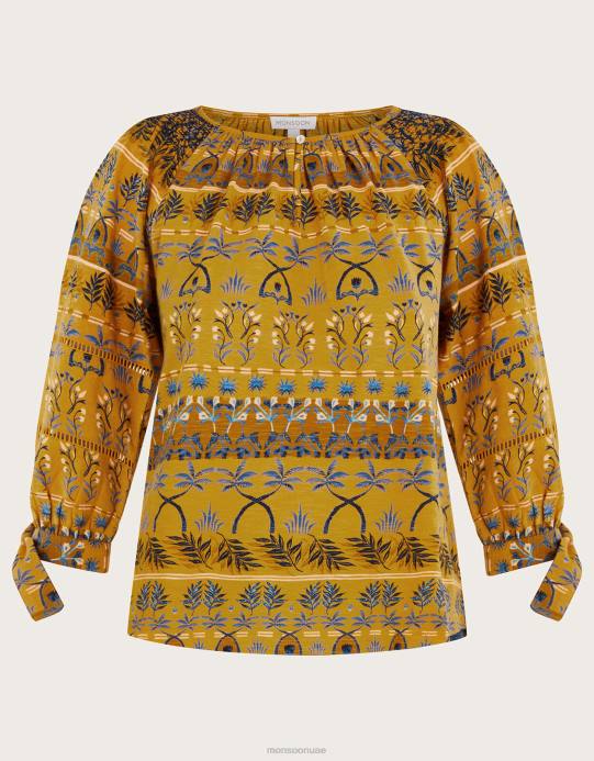 Monsoon نحيف قميص جيرسي سموك بطبعة أوراق شجر على كامل التصميم D68H566 ملابس المغرة الصفراء)