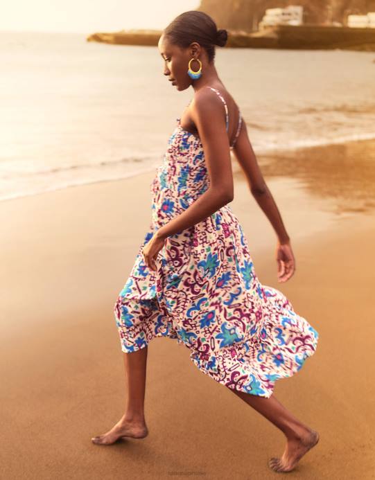 Monsoon نحيف زهرة النار فستان إيكات كامي D68H573 ملابس أزرق