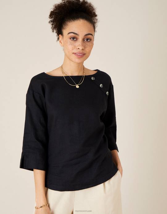 Monsoon نحيف تي شيرت طويل من خشب الورد مصنوع من الكتان الخالص D68H575 ملابس أسود