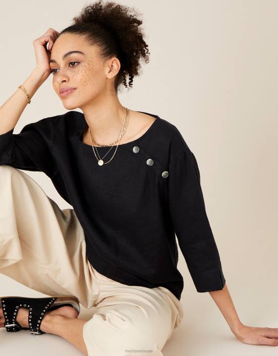 Monsoon نحيف تي شيرت طويل من خشب الورد مصنوع من الكتان الخالص D68H575 ملابس أسود