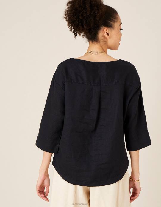 Monsoon نحيف تي شيرت طويل من خشب الورد مصنوع من الكتان الخالص D68H575 ملابس أسود