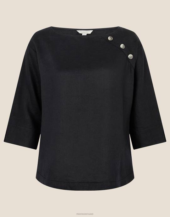 Monsoon نحيف تي شيرت طويل من خشب الورد مصنوع من الكتان الخالص D68H575 ملابس أسود