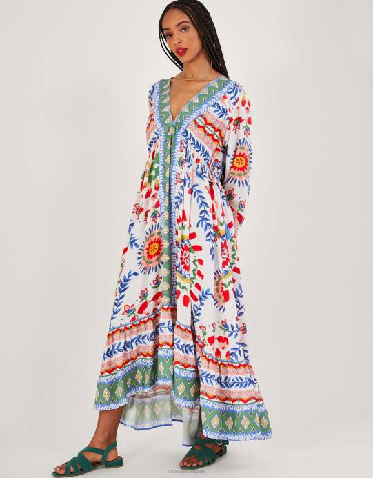 Monsoon نحيف فستان سموك بطبعة زهور هندسية D68H57 ملابس عاج