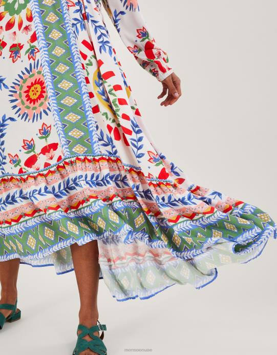 Monsoon نحيف فستان سموك بطبعة زهور هندسية D68H57 ملابس عاج