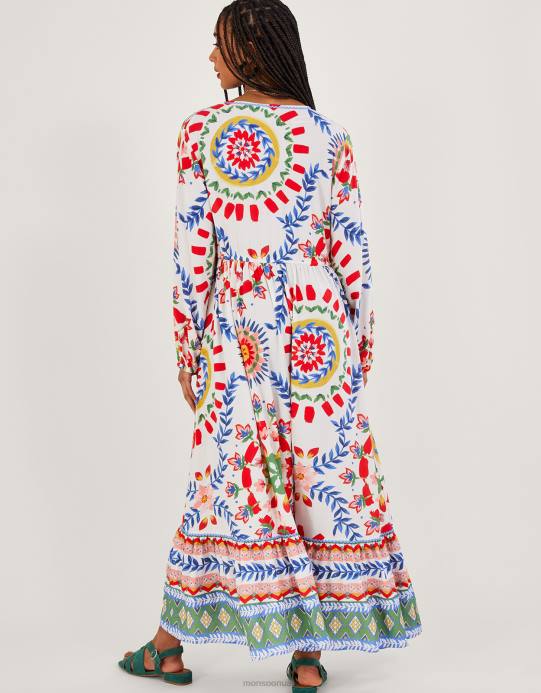 Monsoon نحيف فستان سموك بطبعة زهور هندسية D68H57 ملابس عاج