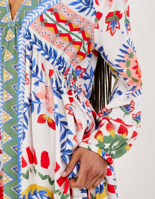 Monsoon نحيف فستان سموك بطبعة زهور هندسية D68H57 ملابس عاج