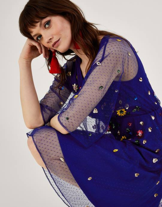 Monsoon نحيف فستان ستيفاني مزين D68H580 ملابس الأزرق (الكوبالت)