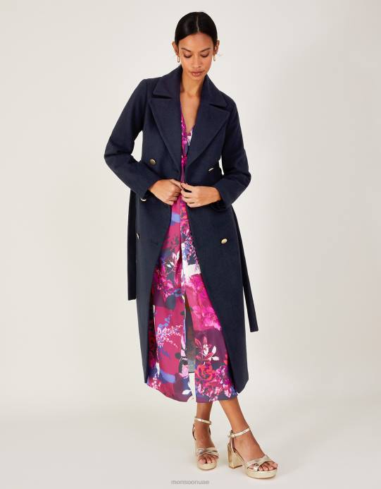 Monsoon نحيف معطف من الصوف بحزام من لولا D68H584 ملابس الأزرق الداكن)