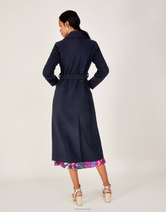 Monsoon نحيف معطف من الصوف بحزام من لولا D68H584 ملابس الأزرق الداكن)