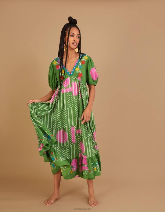 Monsoon نحيف فستان شيفرون مطرز يدويًا D68H585 ملابس أخضر