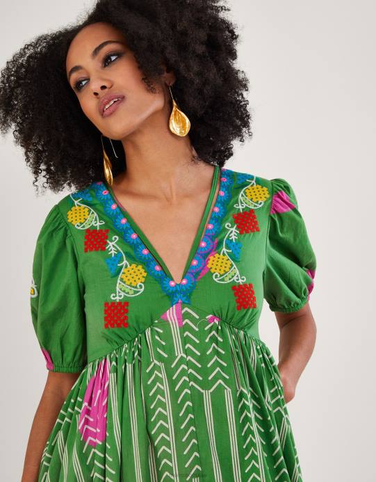 Monsoon نحيف فستان شيفرون مطرز يدويًا D68H585 ملابس أخضر