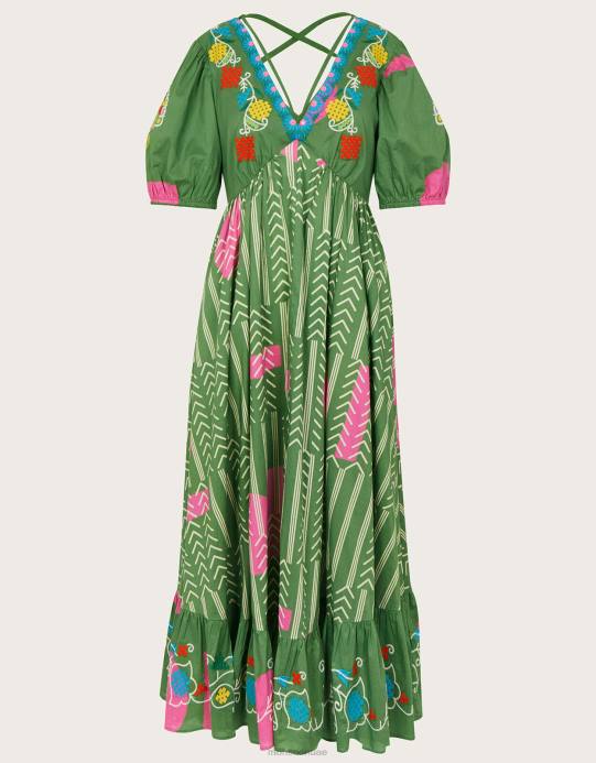 Monsoon نحيف فستان شيفرون مطرز يدويًا D68H585 ملابس أخضر