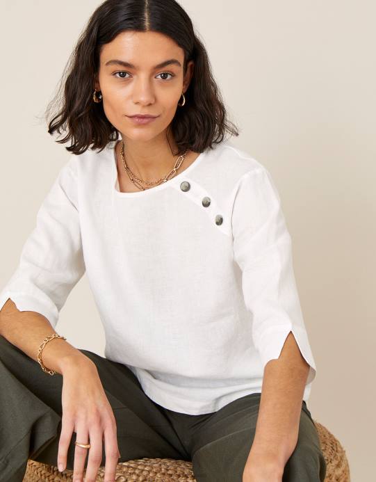 Monsoon نحيف تي شيرت طويل من خشب الورد مصنوع من الكتان الخالص D68H588 ملابس أبيض