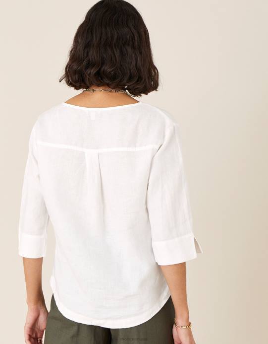 Monsoon نحيف تي شيرت طويل من خشب الورد مصنوع من الكتان الخالص D68H588 ملابس أبيض