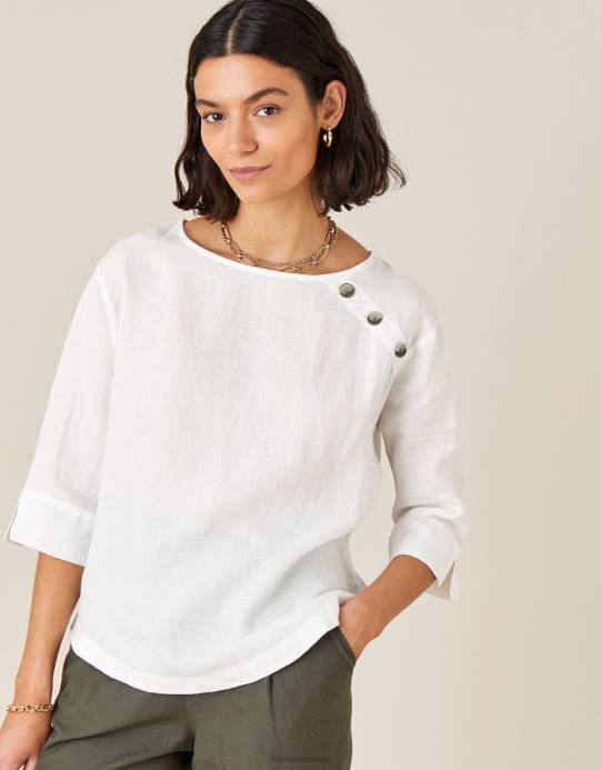 Monsoon نحيف تي شيرت طويل من خشب الورد مصنوع من الكتان الخالص D68H588 ملابس أبيض