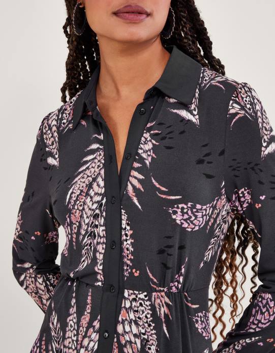 Monsoon نحيف فستان قميص بطبعة ريش D68H58 ملابس أسود