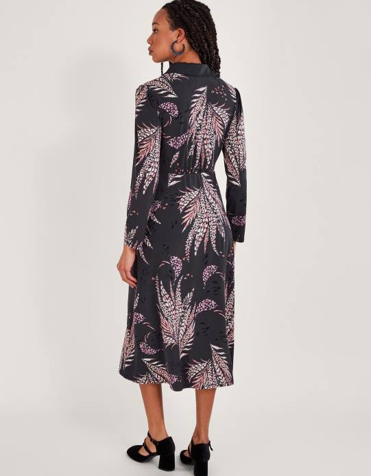 Monsoon نحيف فستان قميص بطبعة ريش D68H58 ملابس أسود