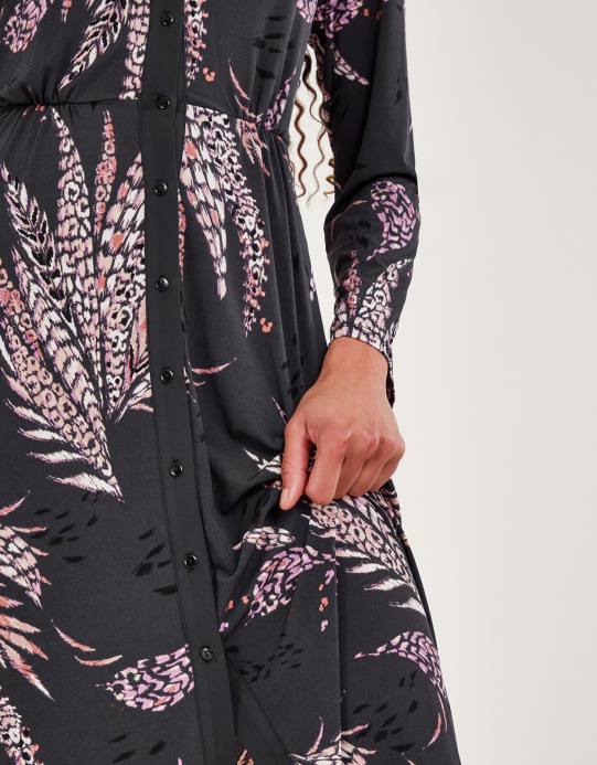 Monsoon نحيف فستان قميص بطبعة ريش D68H58 ملابس أسود