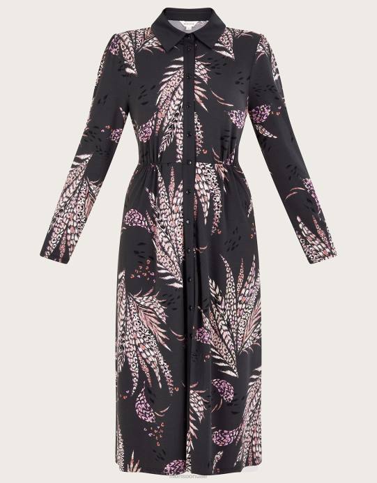 Monsoon نحيف فستان قميص بطبعة ريش D68H58 ملابس أسود