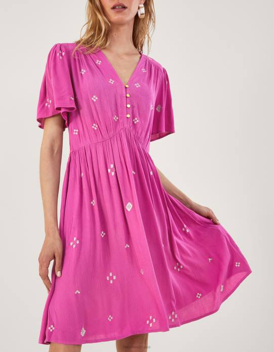 Monsoon نحيف فستان قصير مجعد ومطرز في لينزينغ إيكوفيرو D68H59 ملابس لون القرنفل