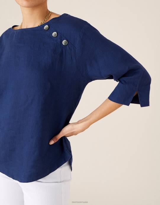 Monsoon نحيف تي شيرت طويل من خشب الورد مصنوع من الكتان الخالص D68H592 ملابس الأزرق الداكن)