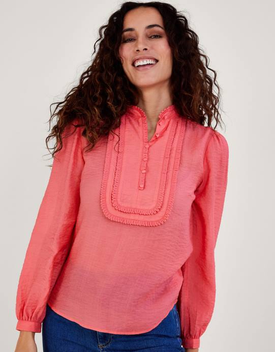 Monsoon نحيف بلوزة ليز سادة بمريلة مزخرفة D68H593 ملابس برتقالي (مرجاني)