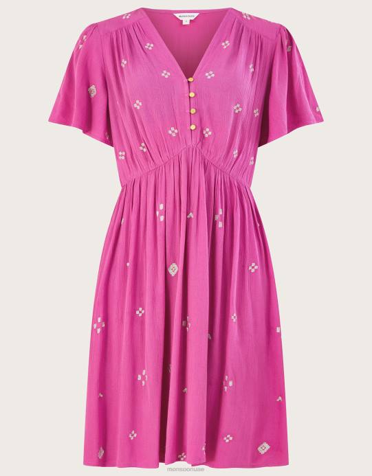 Monsoon نحيف فستان قصير مجعد ومطرز في لينزينغ إيكوفيرو D68H59 ملابس لون القرنفل