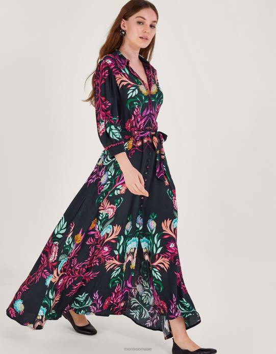 Monsoon نحيف فستان قميص مطبوع D68H60 ملابس الأزرق الداكن)