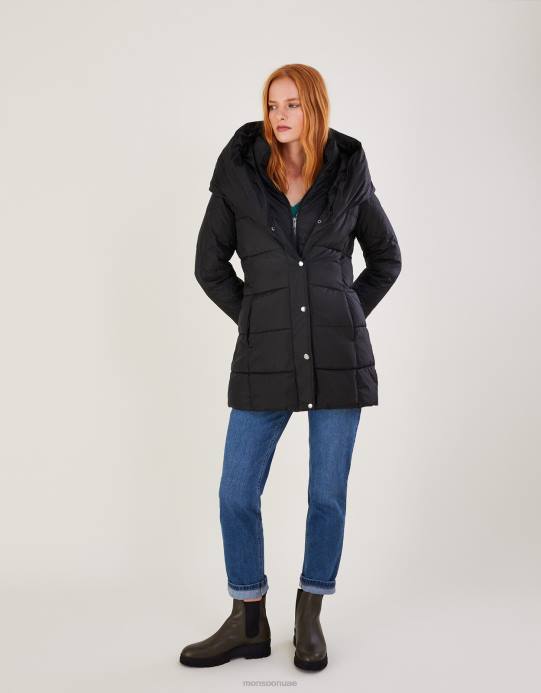 Monsoon نحيف معطف قصير مبطن من لورا مصنوع من البوليستر المعاد تدويره D68H601 ملابس أسود