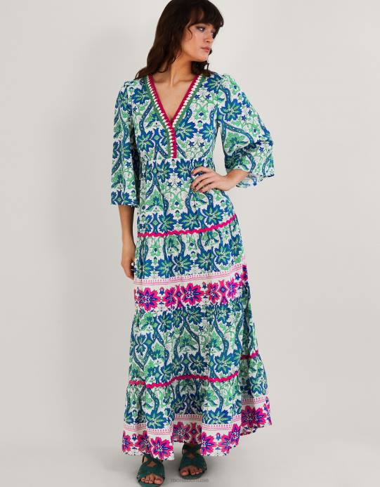 Monsoon نحيف فستان بطبعة خشب الصفصاف D68H603 ملابس أزرق