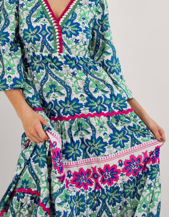 Monsoon نحيف فستان بطبعة خشب الصفصاف D68H603 ملابس أزرق