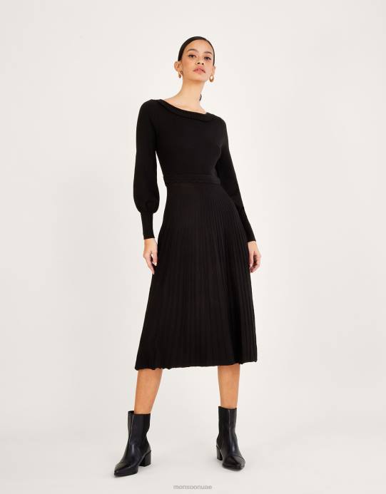 Monsoon نحيف فستان متوسط ​​الطول برقبة مائلة ومزخرف بكسرات مع لينزينج إيكوفيرو D68H604 ملابس أسود