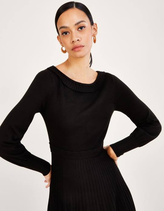 Monsoon نحيف فستان متوسط ​​الطول برقبة مائلة ومزخرف بكسرات مع لينزينج إيكوفيرو D68H604 ملابس أسود