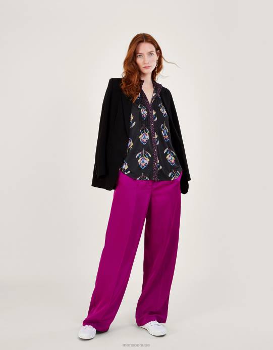 Monsoon نحيف قميص جيرسي بطبعات زهور متباينة مع بوليستر معاد تدويره D68H605 ملابس أسود