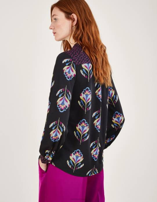 Monsoon نحيف قميص جيرسي بطبعات زهور متباينة مع بوليستر معاد تدويره D68H605 ملابس أسود