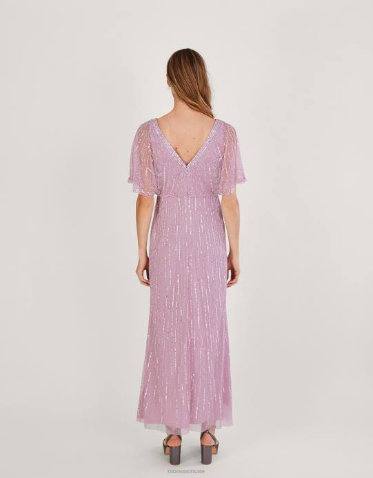 Monsoon نحيف فستان إليزابيث طويل مزين من البوليستر المعاد تدويره D68H613 ملابس لون القرنفل