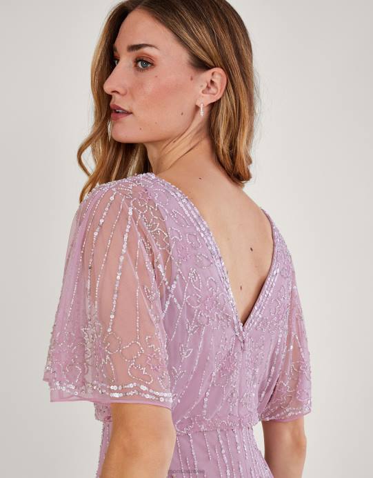 Monsoon نحيف فستان إليزابيث طويل مزين من البوليستر المعاد تدويره D68H613 ملابس لون القرنفل