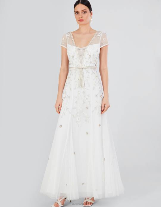 Monsoon نحيف فستان ميشيل ماكسي مطرز D68H620 ملابس عاج